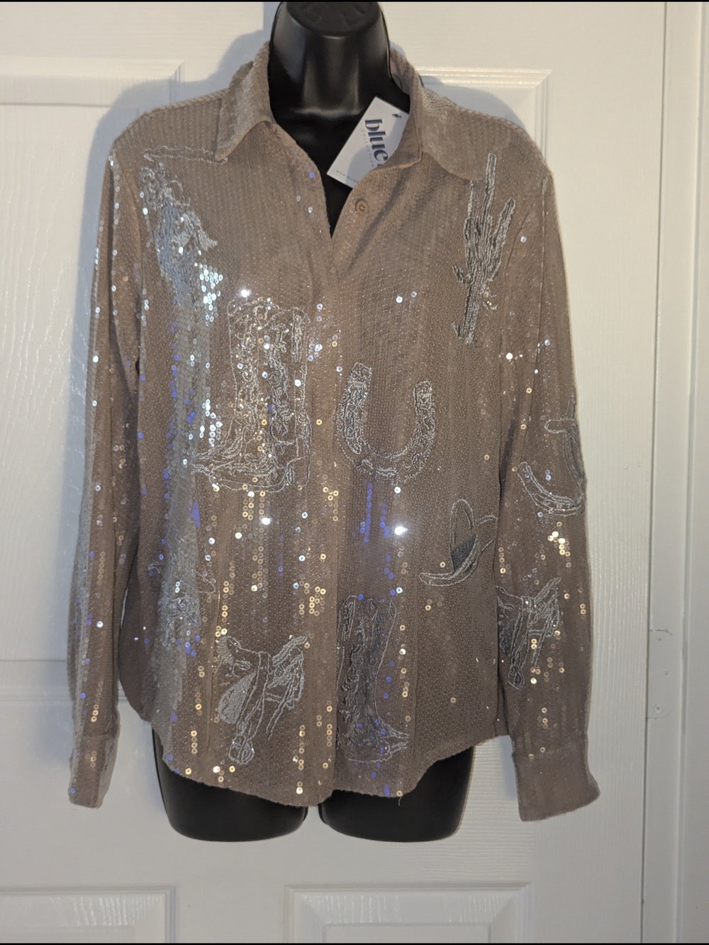Blue B Sequin Western Cowboy Shirt Hidden Button Blouse Taupe NWT Small